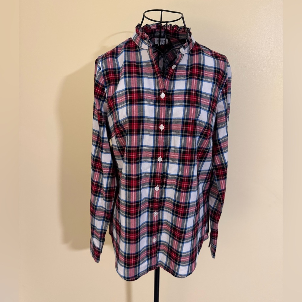 J. Crew Long Sleeve Button Down Ruffled Collar Pl… - image 1